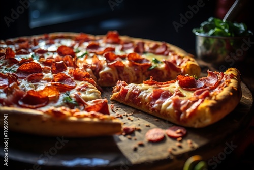 Close up of a delicious supreme pizza with a lifted slice, illuminated by bright light