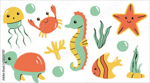 A Set of Sea Animals Stickers. Cute starfish  fish  crab  seahorse  turtle. Underwater life. Fish and wild sea animals isolated on white background. Cartoon style.