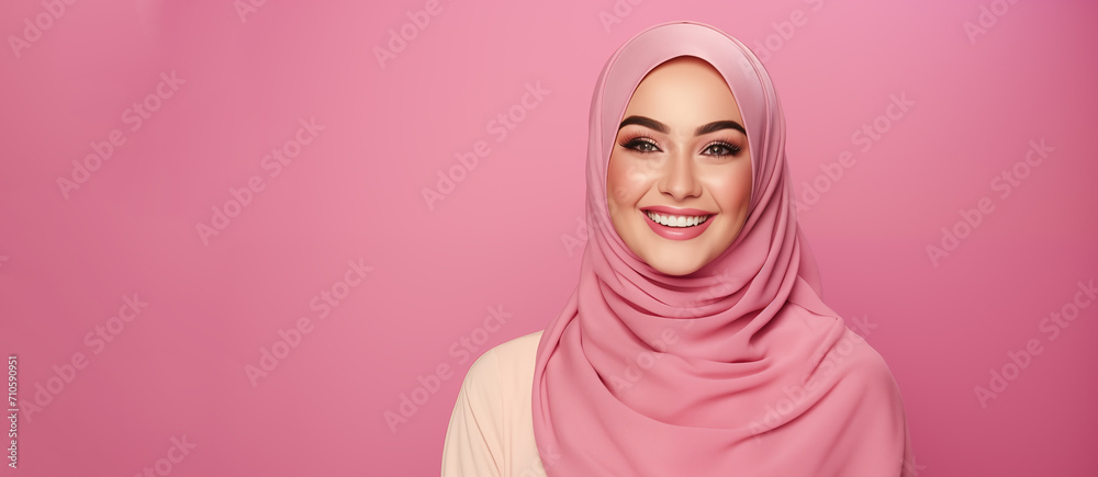 Portrait Middle east beautiful bride woman in Pink Hijab dress, a Women's day. Portrait Middle east beautiful bride woman in Pink Hijab dress, a Women's day.