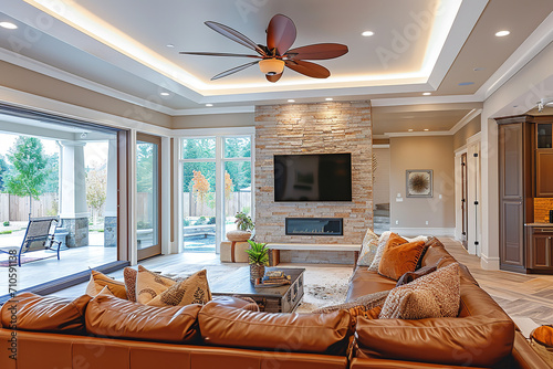 Installation of a ceiling fan in a residential living room - enhancing home improvement efforts for better air circulation and comfortable living. photo