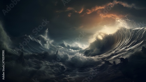 Apocalyptic dramatic background, giant tsunami waves, dark stormy sky, Tornado. Huge waves Tsunami Big waves. 3d render photo