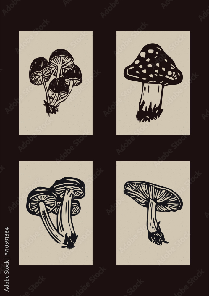 Handmade linocut mushroom motif clipart in folkart scandi style. Set of simple monochrome block print shapes with woodcut paper texture effect.