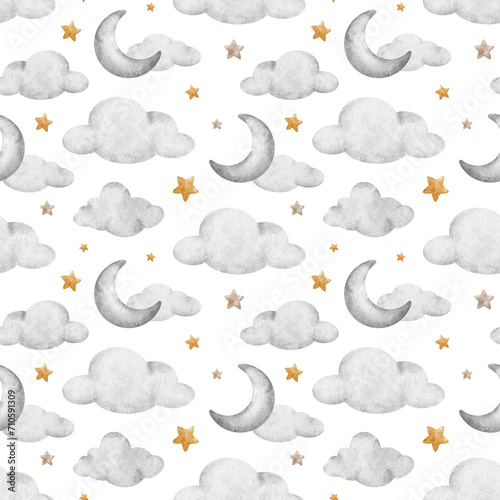 Moons, Clouds and stars. Crescent moon. Watercolor nursery seamless pattern. Cute baby background. Design for kid's goods, clothes, textile, postcards, baby shower, wallpaper and children's room
