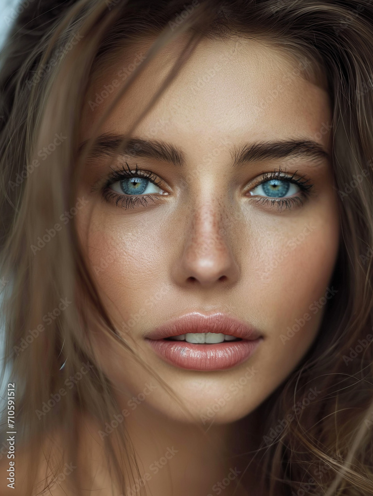Wunderschönes Frauen Model Gesicht mit leuchtenden blauen Augen als Nahaufnahme Wunderschönes Frauen Model Gesicht mit leuchtenden blauen Augen als Nahaufnahme