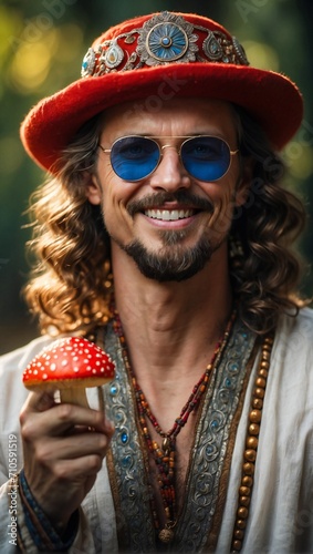 Slavic shaman dressed in traditional folk costume and Lenon glasses presents a red toadstool in his hand. New age generation. Generative Ai illustration photo
