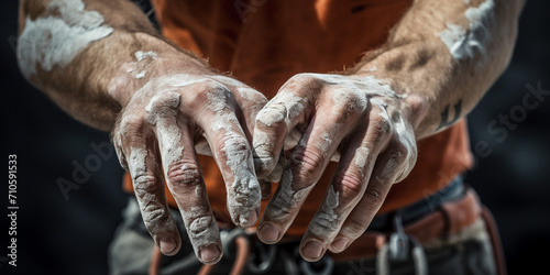 A close-up of a climber chalking up their hands before a climb, with ropes and climbing gear in the background created with Generative Ai © Andrii Yablonskyi
