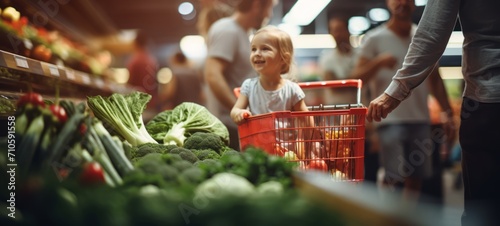 People in supermarket buy vegetables from window: shallots, broccoli. Grocery shopping, close-up of vegetables and smiling child in trolley. Horizontal banking for web. Photo AI Generated photo