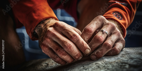 A close-up of a climber chalking up their hands before a climb, with ropes and climbing gear in the background created with Generative Ai