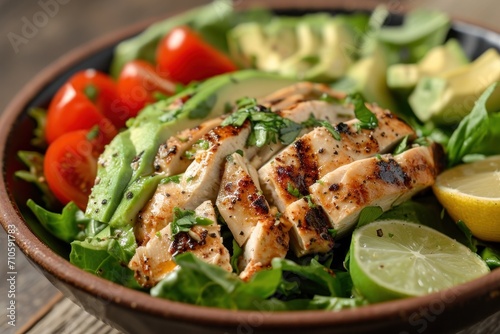 a chicken avocado salad with lime, lemon