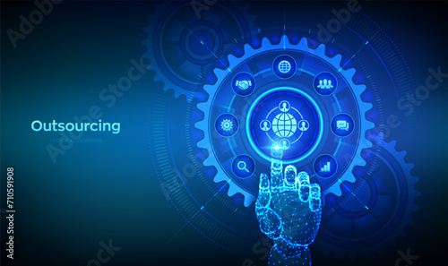 Outsourcing and HR. Social network and global recruitment. Global Recruitment Business concept. Wireframe hand touching digital interface with connected gears cogs and icons. Vector illustration. photo