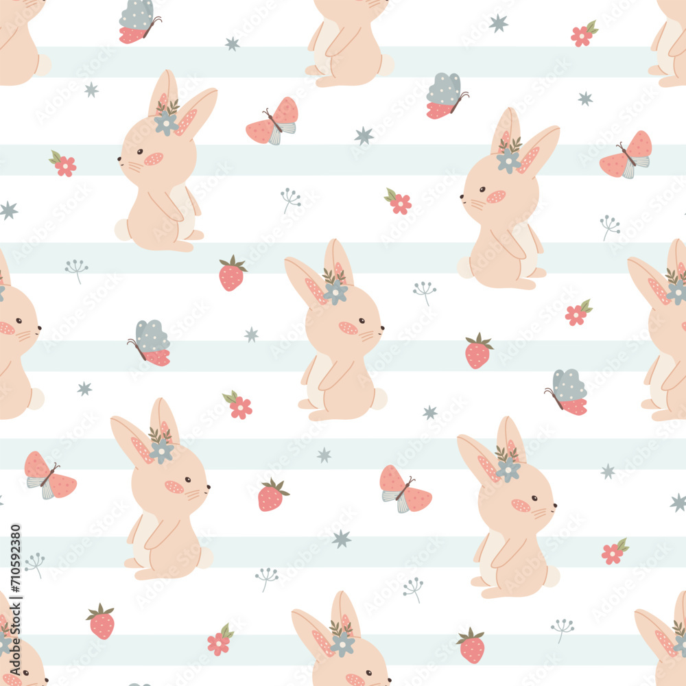 Seamless pattern with childish bunny flowers blue stripes. Cute vector illustration in pastel colors with floral elements, for design, fabric and textiles.