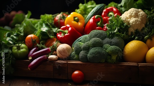 Fresh vegetables  fruits on counter in grocery store  broccoli  lemons  tomatoes  onions  greens  peppers  cauliflower. Close-up view  dark background. Horizontal banking for web. Photo AI Generated