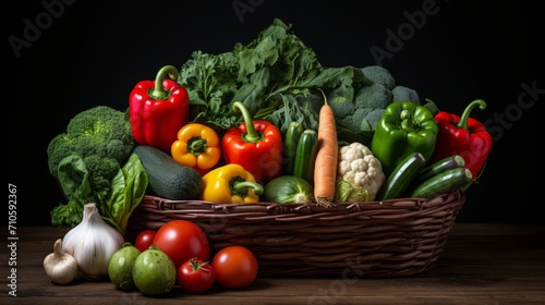 Vegetables in wicker basket, counter in store: broccoli, avocado, tomatoes, onions, parsley, greens, carrots, peppers, garlic. Close shot. Horizontal banking for web. Photo AI Generated