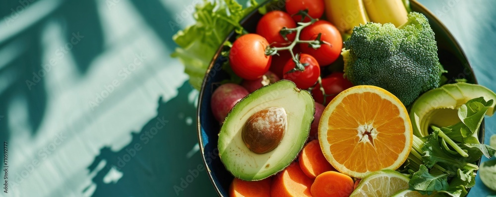a bowl contains several types of vegetables and fruits - obrazy, fototapety, plakaty 
