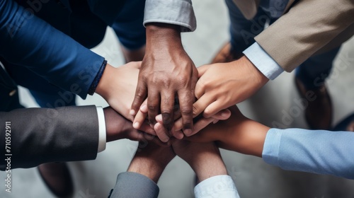 A top view of the hands of multiethnic people of different races, a business team holding hands on a gray background. © liliyabatyrova