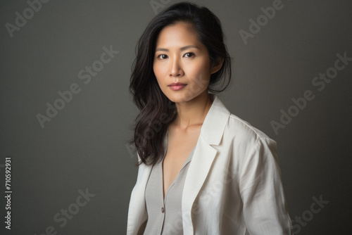 Portrait of a young asian woman wearing glasses and looking at camera. studio shot.