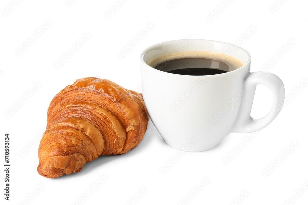 Delicious fresh croissant and cup of coffee isolated on white Delicious fresh croissant and cup of coffee isolated on white
