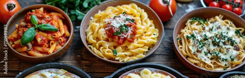 Obraz  z motywem a group of dishes with pasta on it