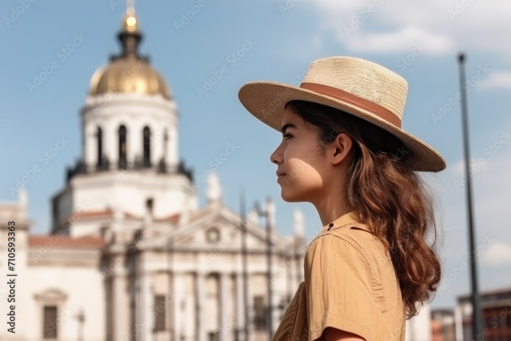 cropped view of a young female tourist standing in front of city landmark with copyspace