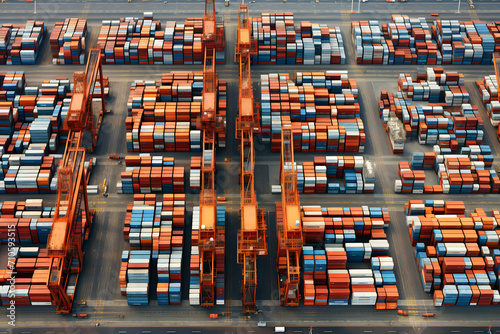 Containers in cargo port, aerial view. 3D rendering.