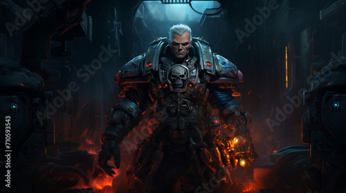 Warrior with dark military dress in cyberpunk style, halloween motive