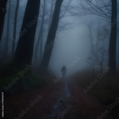 Creepy person, misty forest at night
