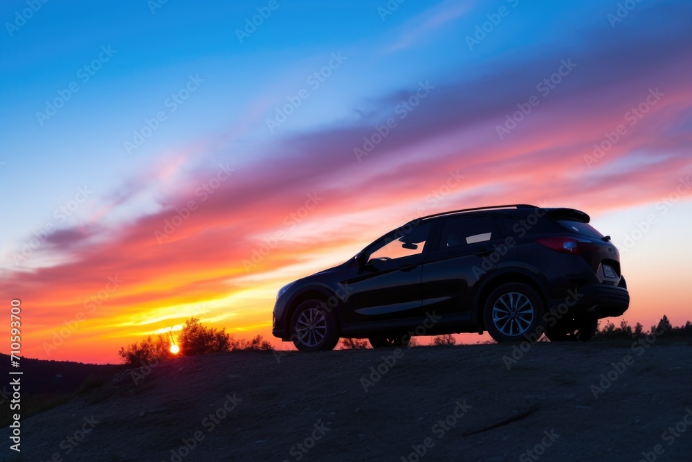 silhouette of a car parked in front of a hillside at sunset