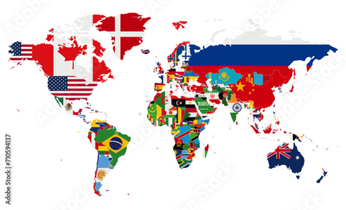 Political World Map vector illustration with the flags of all countries. Editable and clearly labeled layers.