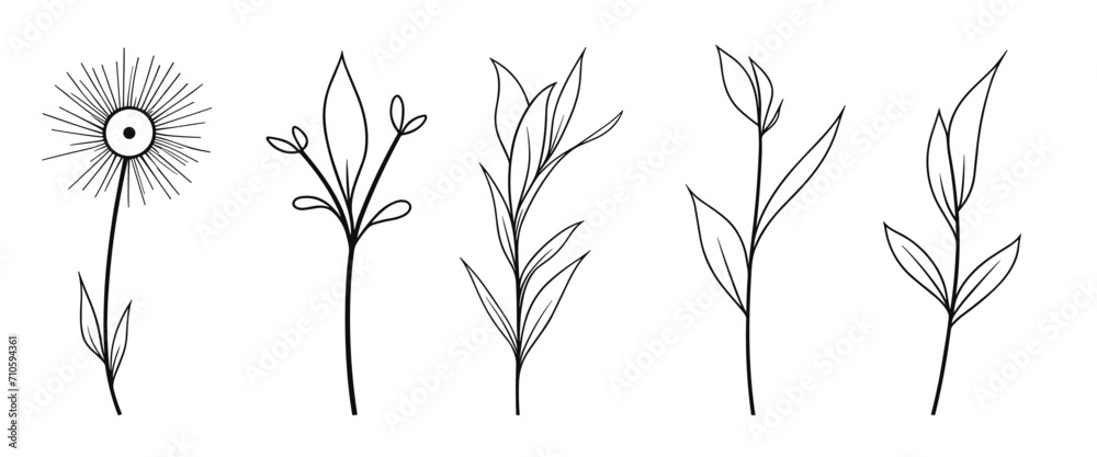 Naklejka premium Editable Black and White Leaf Branch with flower Spring Illustration, Line Art: Trendy Greenery Outline, Hand Drawn Sketches