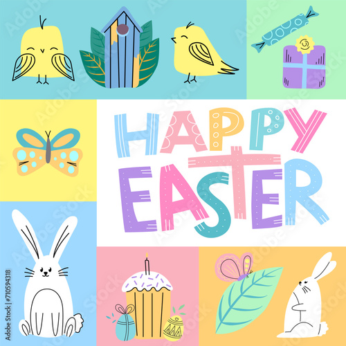 Happy easter square poster. Modern concept of collage with illustrations of rabbit, chicken, kulich, and other. Colorful happy vector graphic.