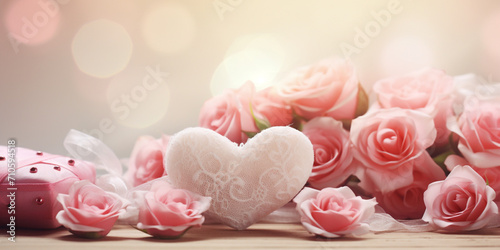 A dreamy and soft-focused image of a bouquet of delicate pink roses next to a collection of handcrafted hearts made of various materials like paper created with Generative Ai
