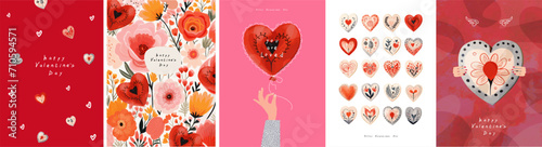 Happy Valentine's Day. Vector illustration of watercolor hearts on a white background, hands holding a heart shaped balloon, floral background, love and lovers pattern for greeting card