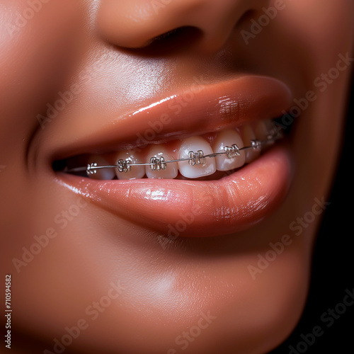 Close-up of a smile with clear orthodontic braces or regulation on teeth. 