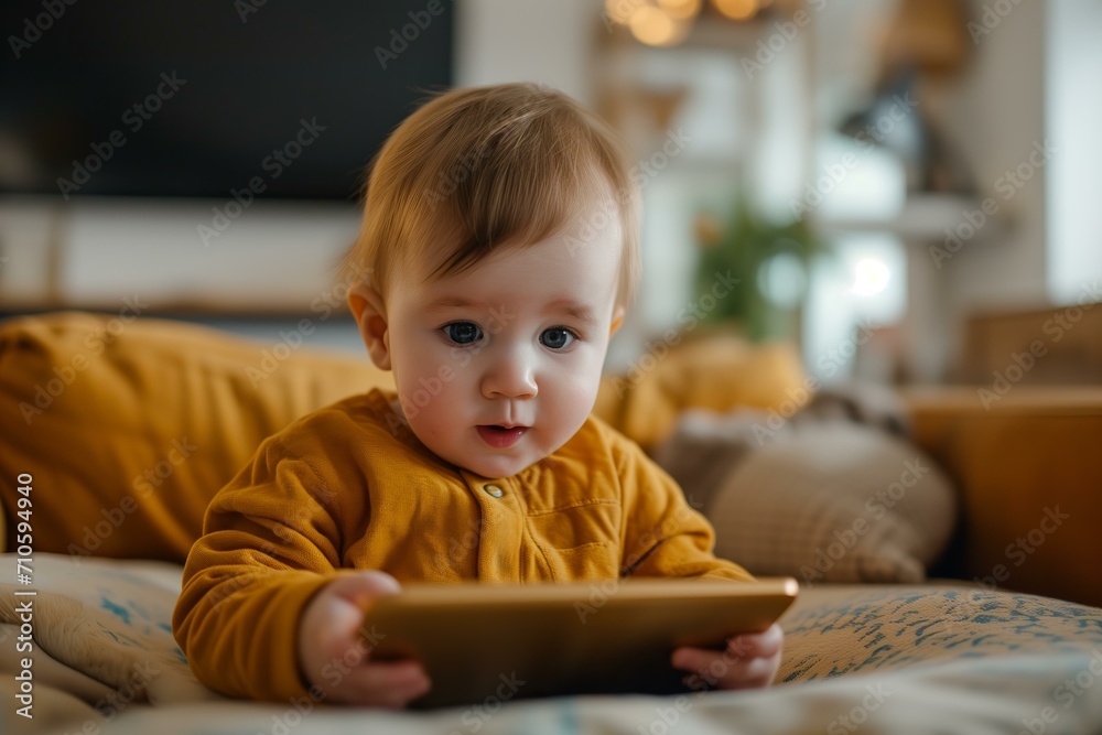 one year old baby candid portrait holding a tablet playing computer game, one year old baby candid portrait holding a tablet playing computer game,