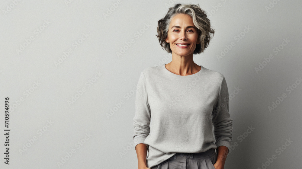 Middle age beautiful business woman wearing casual winter sweater and glasses over white background with a happy smile on face and smiling with lucky person. teeth teeth - obrazy, fototapety, plakaty 