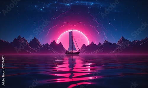 Synthwave,shot from the water,a chinese sail drifts over hills, sparkling water is crystal clear，minimalism，hyperrealistic,fluorescence, Dopamine color neon, 4k. Generative Ai

 photo