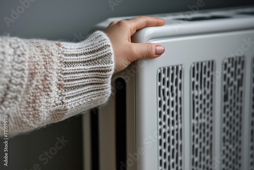 Woman warms herself by warm radiator, cold in apartment. Generative AI