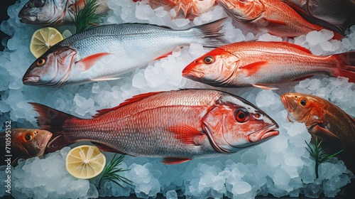 Red sea fish on a pillow of ice with lemon and greens. Photo from above. Horizontal banking for web. Photo AI Generated