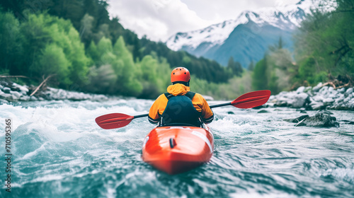 Solo traveler kayaking in serene glacial waters. Businessman climbing upstream in the counterflow. © Imaging L