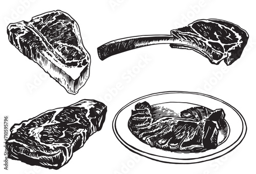 Vector set of steaks isolated on white , grilled meat illustration, food element	