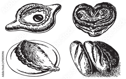 Vector khachapuri and Italian calzone on a plate, bread and bun isolated on white, food illustration. Bakery elements	