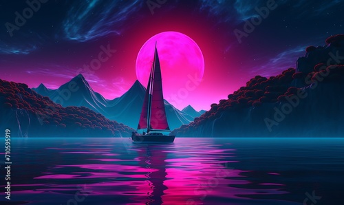 Synthwave,shot from the water,a chinese sail drifts over hills, sparkling water is crystal clear，minimalism，hyperrealistic,fluorescence, Dopamine color neon, 4k. Generative Ai