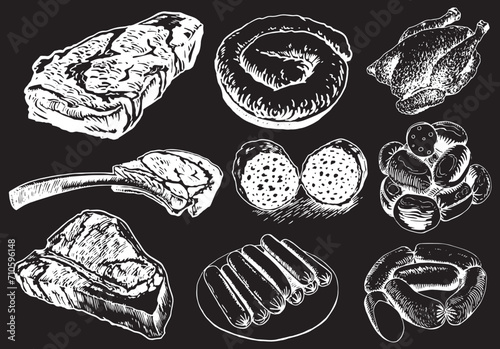 Products of deli. Graphical illustration of steaks, sausages and grilled chicken on blackbackground, vector elements	