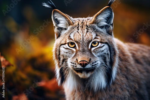 Face of wild Lynx wildcat in autumn forest