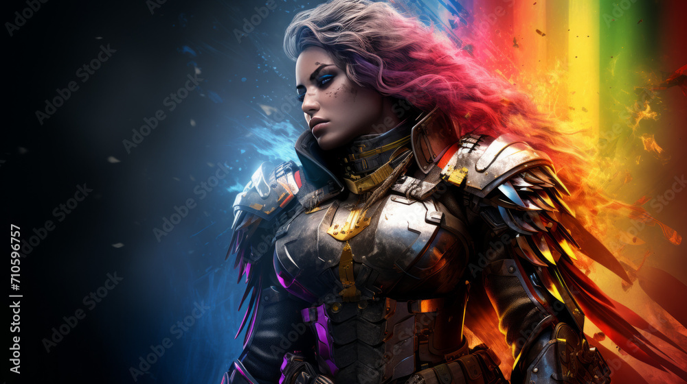 Woman with military dress in rainbow colors Woman with military dress in rainbow colors