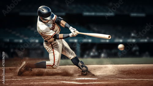Baseball player just hitting ball with his wooden bat. Postproducted generative AI illustration.
