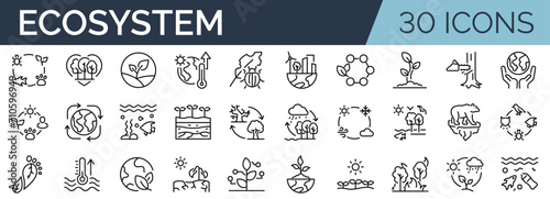 Set of 30 outline icons related to ecosystem. Linear icon collection. Editable stroke. Vector illustration