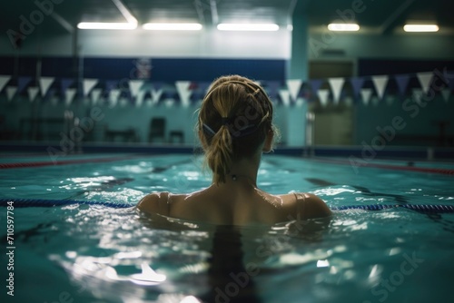 rearview of a young female swimmer in the pool