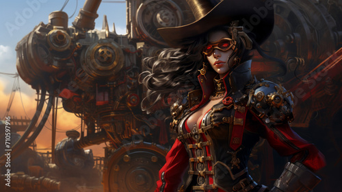 Woman with dark military dress in steampunk style, halloween motive