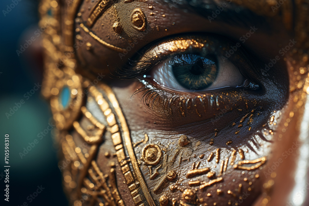 Obraz premium A close-up of a person's face, focusing on the eyes that reflect a storied history, surrounded by cultural motifs created with Generative Ai
